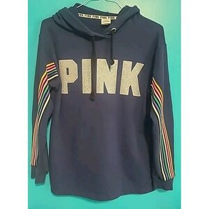 Victoria's Secret Pink Bling Campus Hoodie Tunic Ensign Blue Rainbow Size Small‎